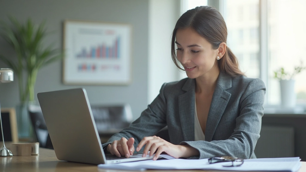 Профессиональное фото женщины анализирующей финансовые данные на ноутбуке в офисе
